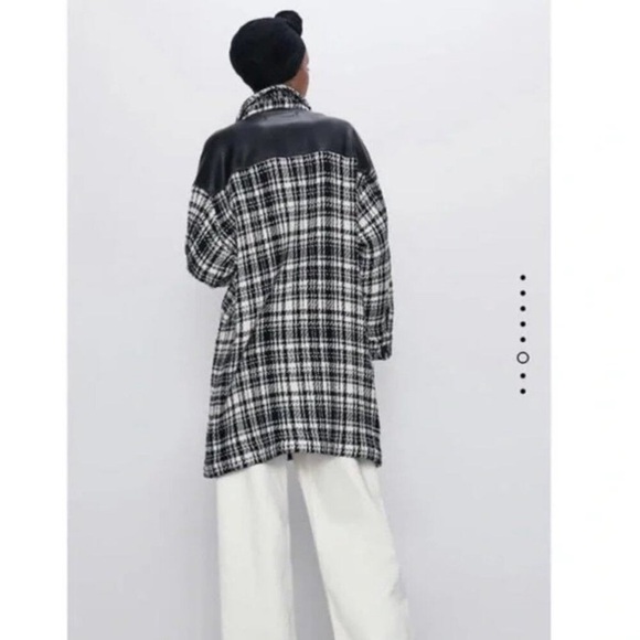 ZARA Tweed Boucle Faux Leather Contrast Oversized Shirt Jacket Shacket Black - Picture 3 of 6